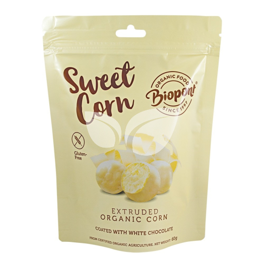 Biopont bio sweet corn fehércsokoládéval bevont extrudált kukorica, gluténmentes 60 g