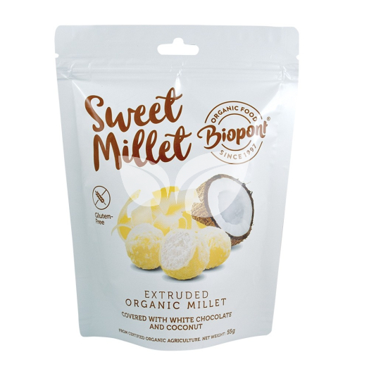 Biopont bio sweet millet fehércsokoládés kókuszos extrudált köles, gluténmentes 55 g • Egészségbolt