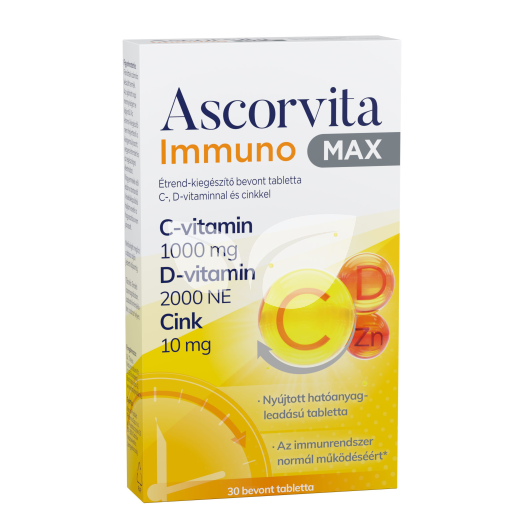 Ascorvita immuno max étrend-kiegészítő bevont tabletta c-, d-vitaminnal és cinkkel 30 db • Egészségbolt