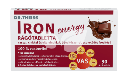 Dr.Theiss iron energy rágótabletta vassal, cinkkel és vitaminokkal csokoládé ízben 30 db • Egészségbolt
