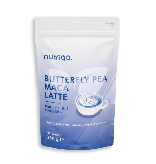 Nutriqa vegan koffeinmentes pillangóborsó-maca latte 250 g • Egészségbolt